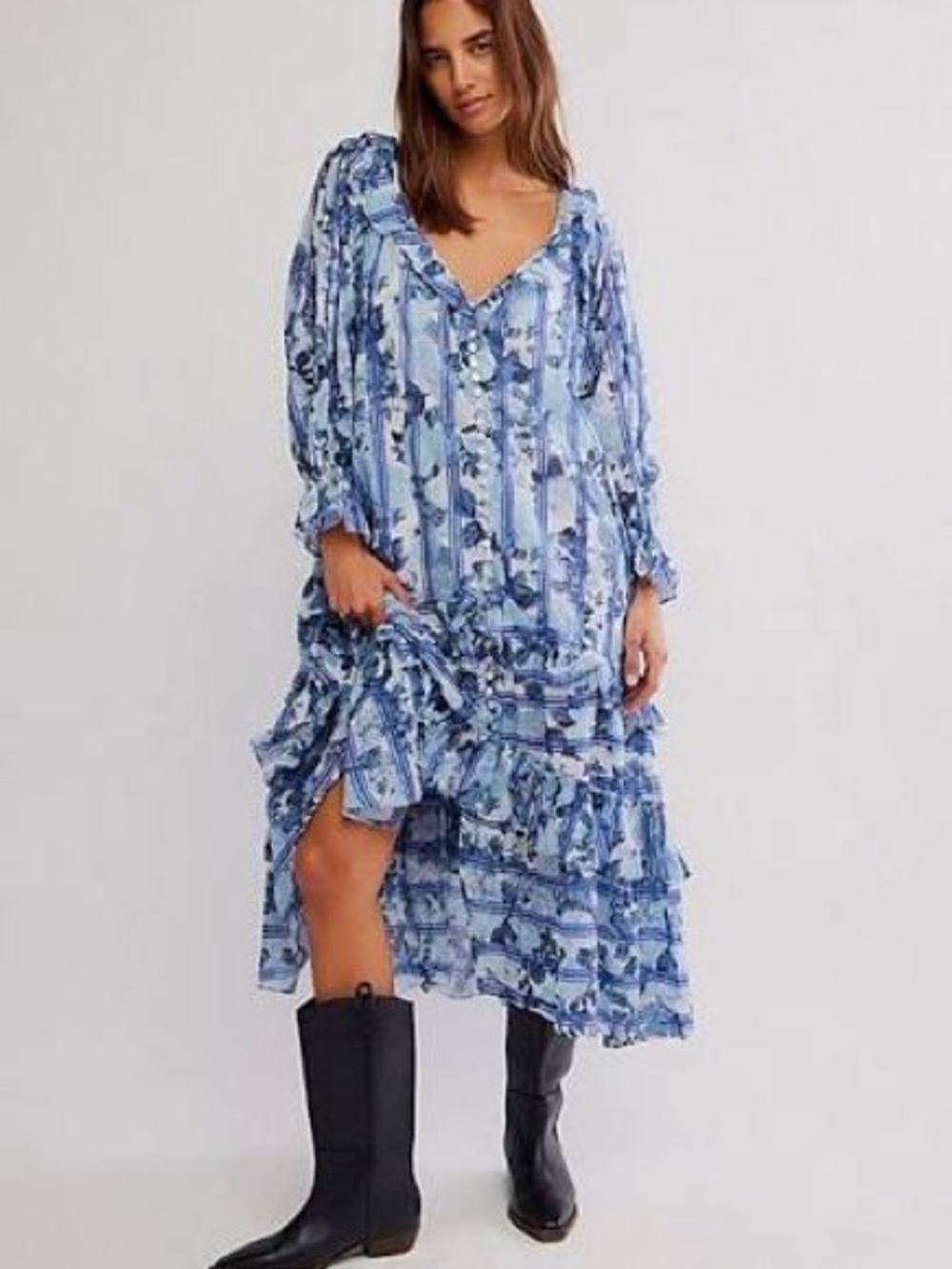Free People Blue Floral Tiered Maxi Dress